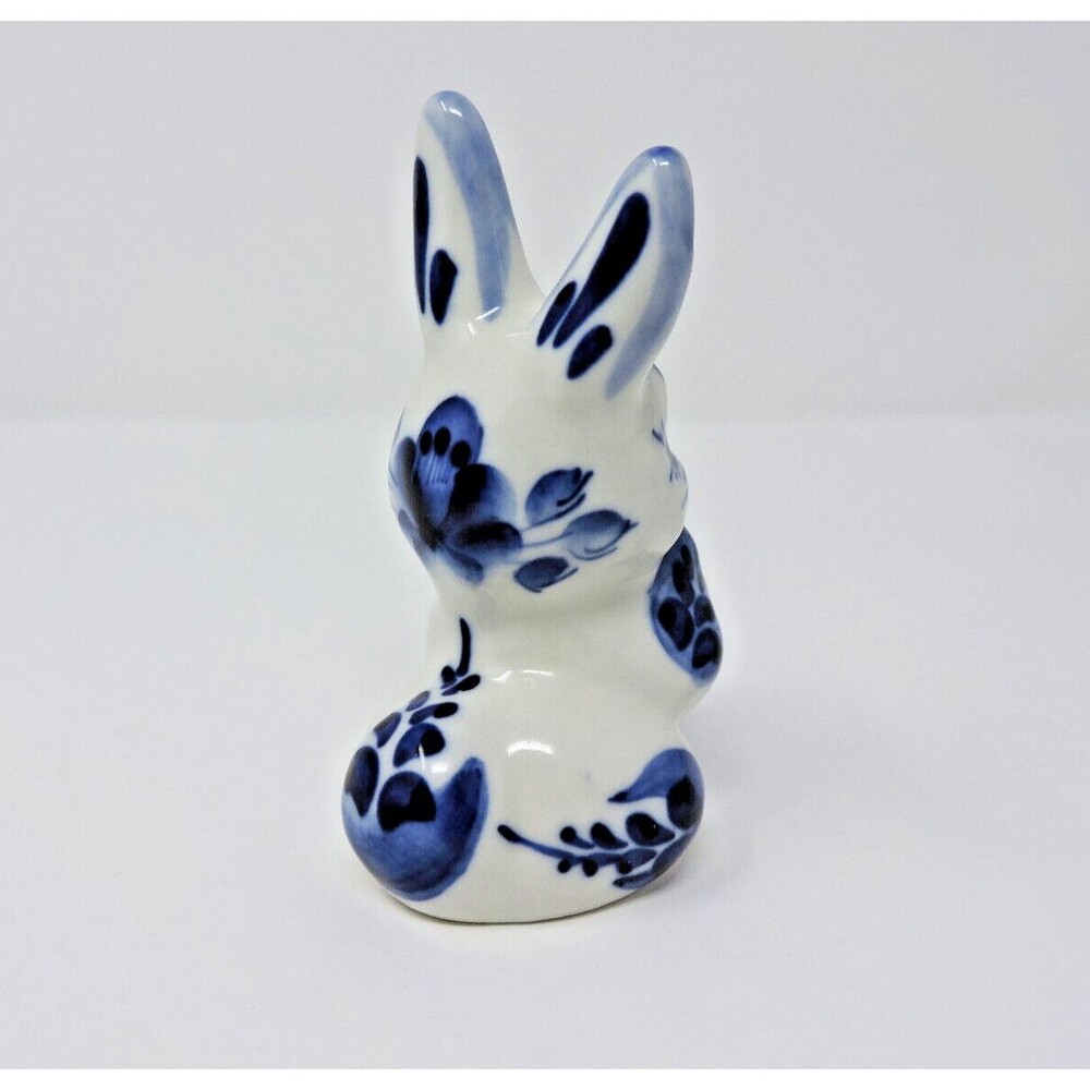 Rabbit Bunny Carrot Gzhel Porcelain Figurine Handmade Russia Cobalt White 4.5in - Picture 5 of 15